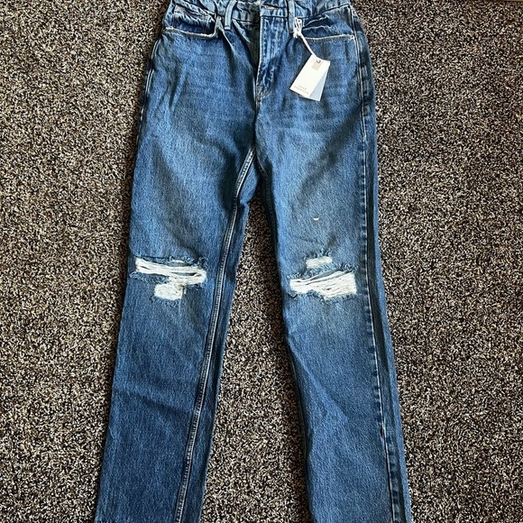 Good American Blue Straight Leg Jeans with Distressed Knees - Picture 1 of 8